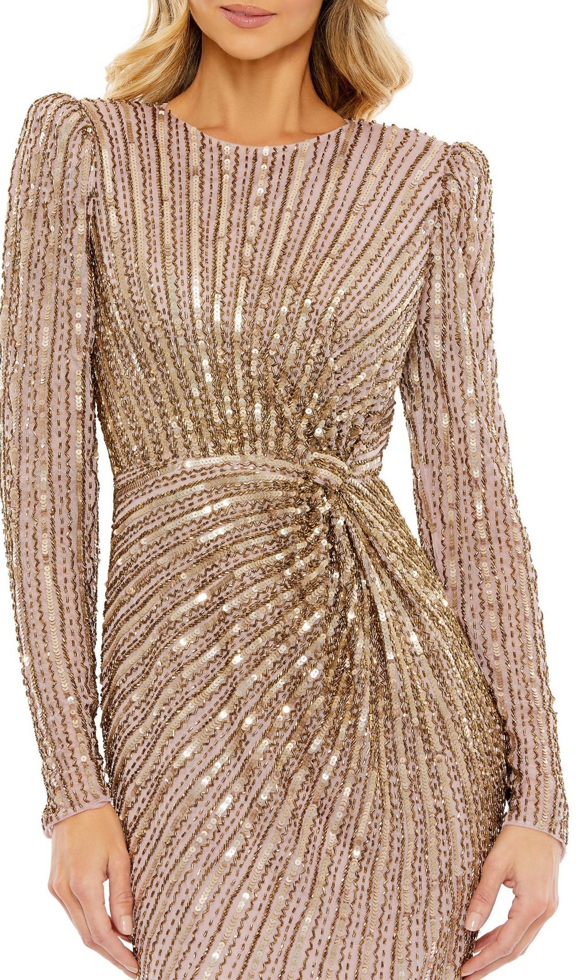 Woman wearing the Mac Duggal 5641 Long-Sleeve Sequin Formal Dress, featuring gold sequined stripes and a gathered knot detail at the waist.